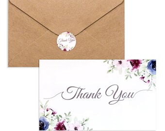 50 PCS, Thank You Cards with Kraft Envelopes includes matching Sticker, 4x6 Inch, Professional and Warm looking, Flower Thank You Cards