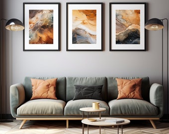 Set of 3 Abstract Prints Burnt Orange, Brown & Gold  - Abstract Print - Mid Century Abstract - Scandi Art - Contemporary Print - Earthy