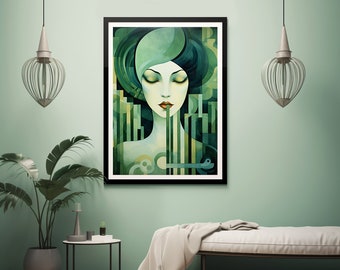 Art Deco Lady Picture  - Art Deco Print  - 1920s Print - Geometric Wall Art - Art Deco Picture - Art Deco - Green Deco Print - Green Art