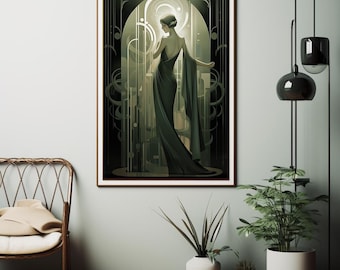 Art Deco Lady Picture  - Art Deco Print  - 1920s Print - Geometric Wall Art - Art Deco Picture - Art Deco - Green Deco Print - Green Art