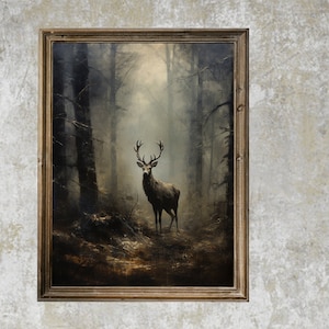 Dark Moody Prints - Dark Moody Print - Moody Stag Painting - Stag Print - 19 Century Decor -  Stag Oil Painting
