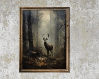 Dark Moody Prints - Dark Moody Print - Stag Painting - Dark Stag Print - 19 Century Decor -  Stag Print - Stag Painting