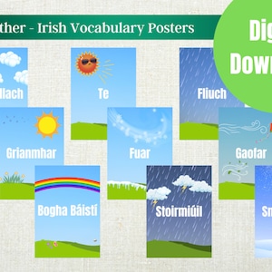 Carteles de aula de vocabulario irlandés meteorológico- Carteles estéticos para el clima como Gaeilge- Recurso escolar irlandés- Aprendizaje irlandés en casa