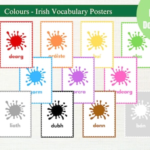 Könnte beinhalten: Ein Satz von 10 druckbaren Postern mit Farbmustern und dem irischen Wort für jede Farbe. Die Farben umfassen Rot, Orange, Gelb, Grün, Blau, Lila, Rosa, Grau, Schwarz, Braun und Weiß.
