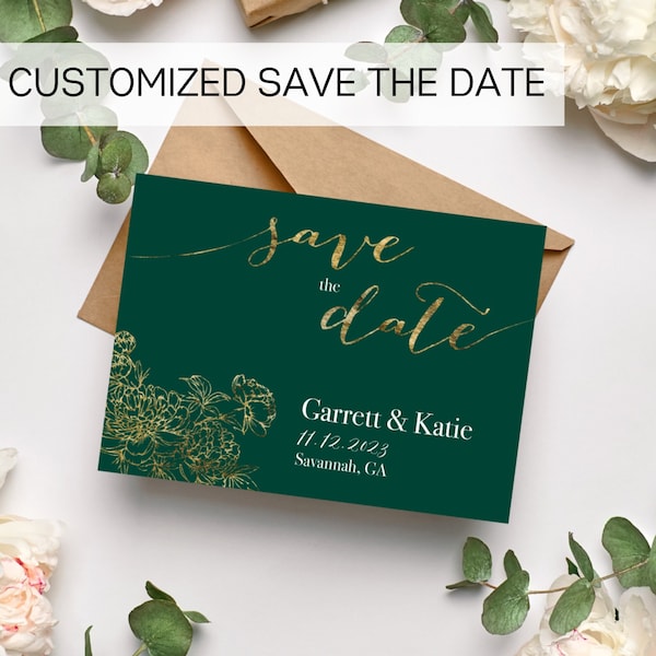 Green and Gold Save the Date Semi Custom Template, Fall Wedding Save the Date, Emerald Green Wedding, Gold or Rose Gold, Winter Wedding