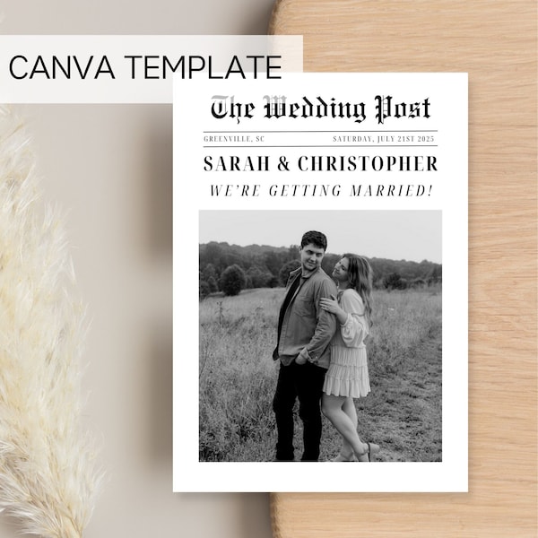 Newspaper Wedding Save the Date Template 5x7, Newspaper Wedding Announcement Canva Template, Retro Newspaper Save-the-Date Editable Template