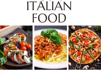 Op de afbeelding: Een collage van drie afbeeldingen die heerlijk Italiaans eten laten zien: een caprese salade met verse mozzarella, tomaten en basilicum; spaghetti met vleessaus en een takje basilicum; en een pizza met tomatensaus, kaas, champignons en basilicum.
