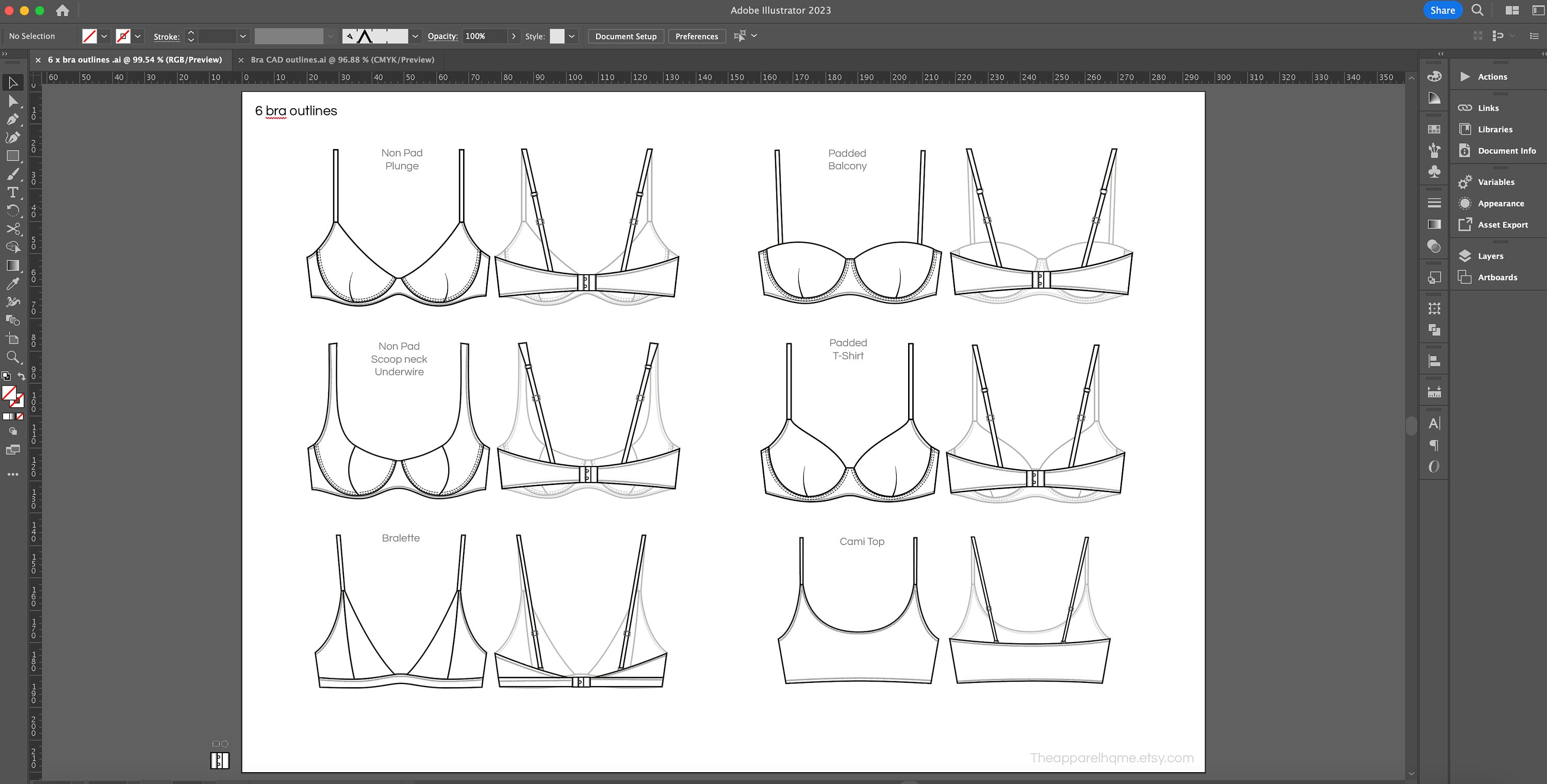6 Lingerie Bra Fashion Flats - Collection of 6 Bra Technical CAD ...