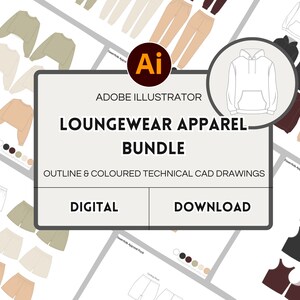 Conjunto de ropa de estar por casa: Colección de 6 dibujos CAD técnicos esenciales para diseño de moda. Descarga digital.
