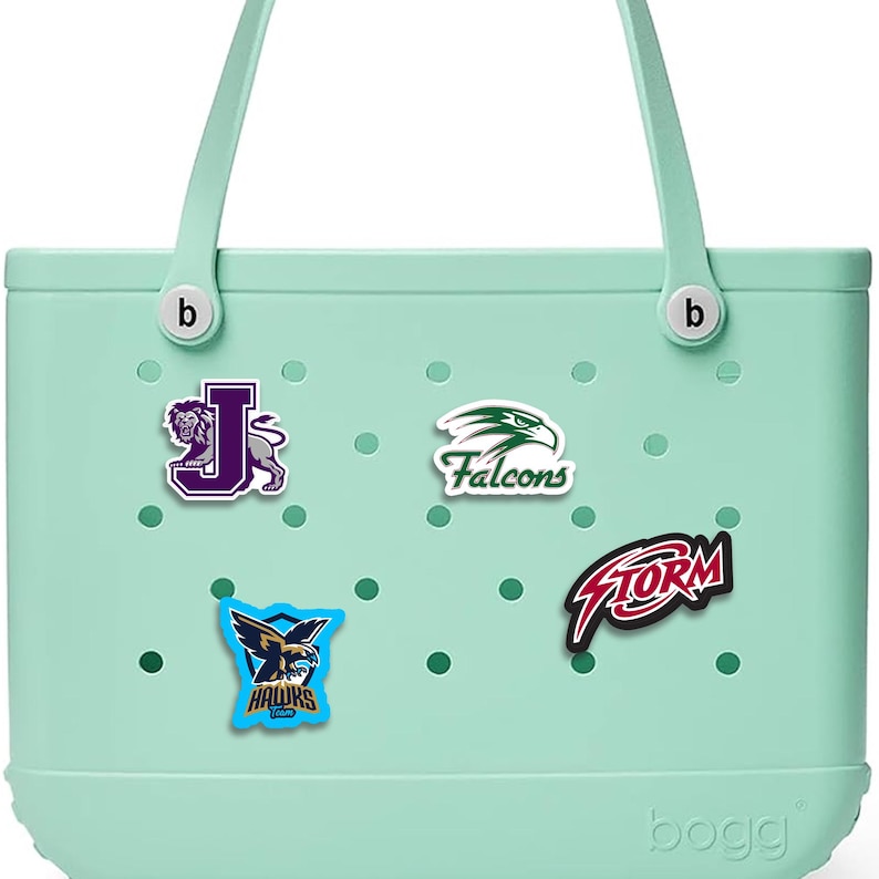May include: A pale green tote bag with white handles and various team logo stickers. The stickers feature a purple lion, a green falcon, a blue hawk, and a red and white storm logo. The bag has the brand name "bogg" on the bottom.
