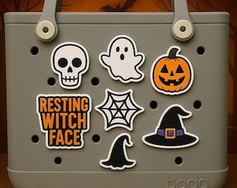 Halloween Bogg Bag Charms: Ghost, Pumpkin, Skull, Witch Hat & Web