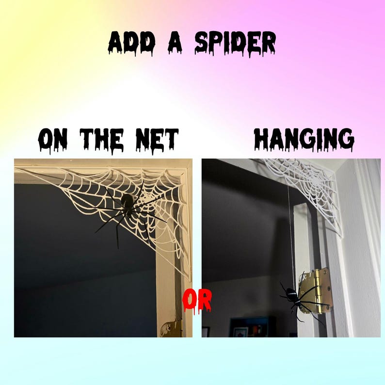K&ouml;nnte beinhalten: Halloween-Dekoration mit einem wei&szlig;en Spinnennetz und einer schwarzen Spinne. Der Text "ADD A SPIDER" befindet sich &uuml;ber den Bildern. Die Texte "ON THE NET" und "HANGING" befinden sich &uuml;ber den Bildern. Das Wort "OR" steht rot zwischen den Bildern.
