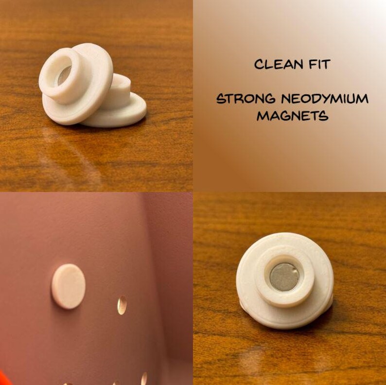 May include: White, circular magnets with a central hole are displayed. The text "CLEAN FIT" and "STRONG NEODYMIUM MAGNETS" is also visible. One magnet is shown attached to a surface.