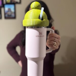 Könnte beinhalten: Ein hellrosa Stanley-Becher mit weißem Griff, bedeckt mit einem limettengrünen Mützen-Deckel und einem weißen Strohhalm. Das Stanley-Logo ist auf dem Becher sichtbar. Der Becher ist für kalte Getränke konzipiert.