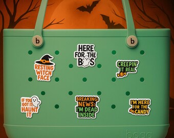 Funny Halloween Bogg Bag Charms: Spooky Ghost & Witch Sayings