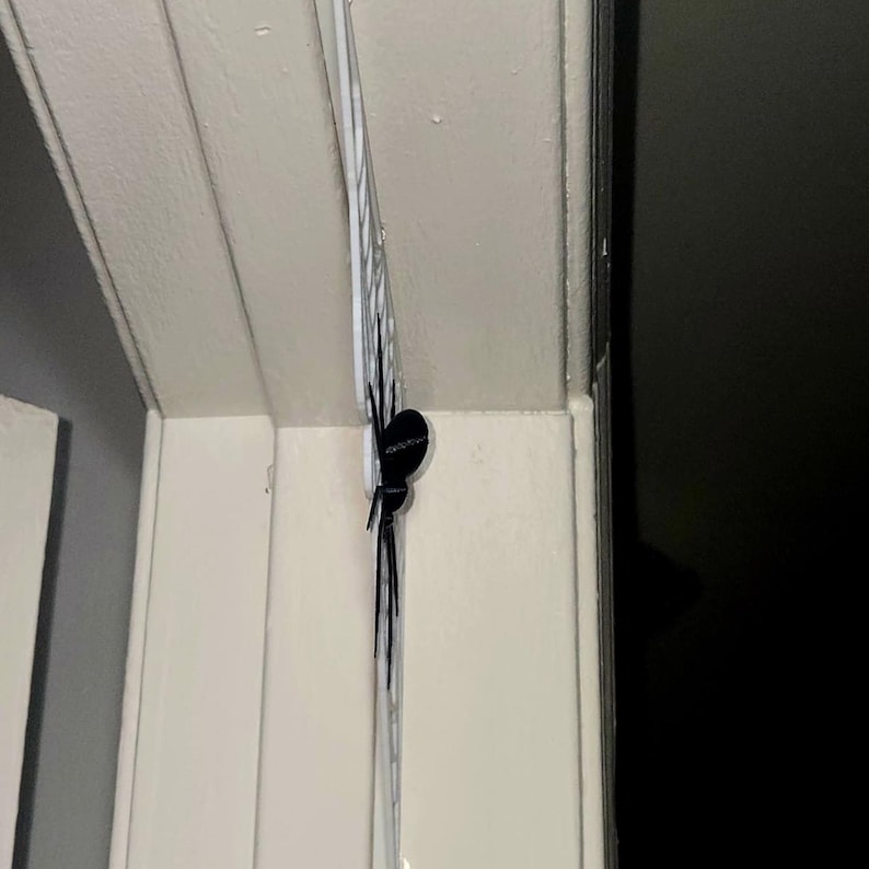 K&ouml;nnte beinhalten: Eine schwarze Spinnendekoration mit langen Beinen ist an einer wei&szlig;en Oberfl&auml;che befestigt. Die Spinne befindet sich in der N&auml;he einer Ecke, mit einem dunklen Hintergrund. Die Dekoration scheint aus leichtem Material zu bestehen.