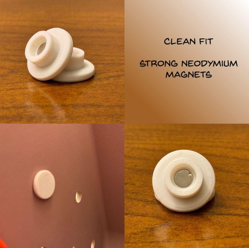 May include: White, circular magnets with a central hole are displayed. The text "CLEAN FIT" and "STRONG NEODYMIUM MAGNETS" is also visible. One magnet is shown attached to a surface.