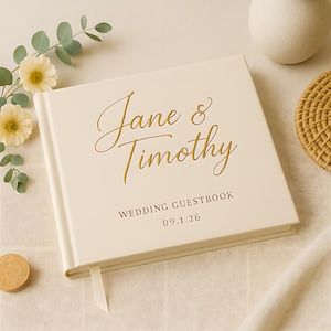 Personalized Wedding Guest Book with Gold Script Text, Custom Couple Name and Date Hardcover Sign in Book for Rustic Elegant Ceremony