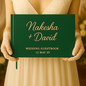 Luxury Gold Foil Wedding Guest Book – Personalized Hardcover Guestbook with Custom Names & Date | Elegant A4 Wedding Keepsake Green Book