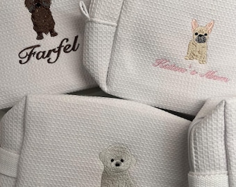 Embroidered Dog Breed Waffle Cosmetic Bag | Personalized Travel Bag for Makeup, Skincare & More
