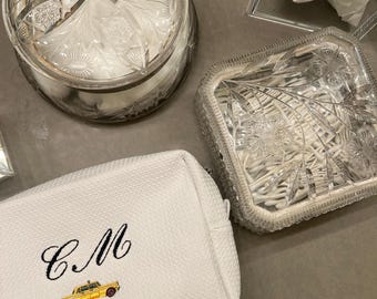 Embroidered Toiletries Icons and Initials Waffle Pouch  - Personalized Travel Bag for Makeup, Skincare & More