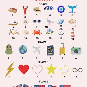 May include: A digital catalog titled CATWALK CUSTOM displaying rows of embroidered-style icons categorized as BEACH, TRAVEL, SHAPES, and FLAGS. The icons include items like a lobster, bicycle, airplane, camera, hearts, stars, and American flags with numbers.