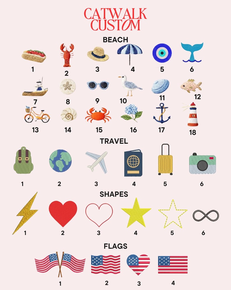 May include: A digital catalog titled CATWALK CUSTOM displaying rows of embroidered-style icons categorized as BEACH, TRAVEL, SHAPES, and FLAGS. The icons include items like a lobster, bicycle, airplane, camera, hearts, stars, and American flags with numbers.