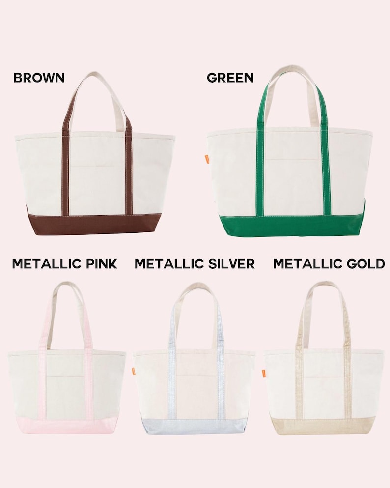 May include: Five canvas tote bags arranged in two rows. The top row features brown and green bags. The bottom row shows metallic pink, metallic silver, and metallic gold bags. Each bag has a white body, colored base, and matching handles.