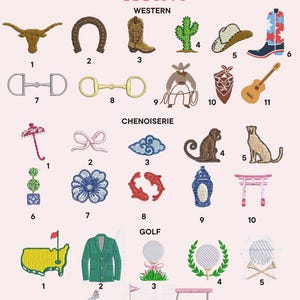 May include: A collection of embroidered patches labeled CATWALK CUSTOM, categorized into Western, Chenoiserie, and Golf themes. The designs include icons like a longhorn, cowboy boot, cactus, guitar, monkey, koi fish, golf cart, and a green blazer.