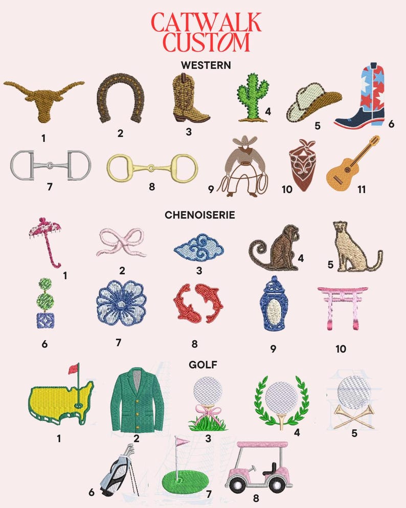 May include: A collection of embroidered patches labeled CATWALK CUSTOM, categorized into Western, Chenoiserie, and Golf themes. The designs include icons like a longhorn, cowboy boot, cactus, guitar, monkey, koi fish, golf cart, and a green blazer.