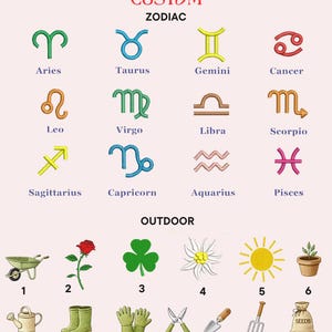 May include: A chart titled CATWALK CUSTOM ZODIAC and OUTDOOR featuring twelve embroidered zodiac symbols in various colors with their names below, and thirteen numbered outdoor icons including a wheelbarrow, rose, clover, flower, sun, plant, watering can, boots, gloves, shears, trowel, fork, and seed bag.