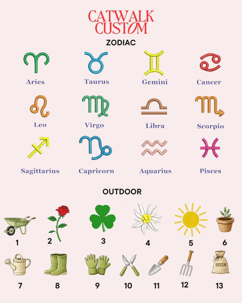 May include: A chart titled CATWALK CUSTOM ZODIAC and OUTDOOR featuring twelve embroidered zodiac symbols in various colors with their names below, and thirteen numbered outdoor icons including a wheelbarrow, rose, clover, flower, sun, plant, watering can, boots, gloves, shears, trowel, fork, and seed bag.