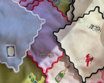 Custom Embroidered Name and Icon Linen Cocktail Napkins
