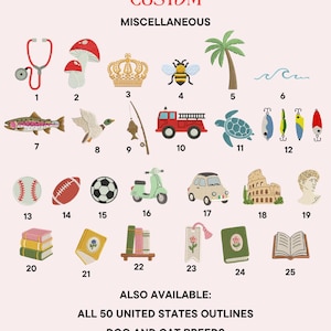 May include: A collection of 25 embroidered patches labeled CATWALK CUSTOM MISCELLANEOUS, featuring icons like a stethoscope, mushroom, crown, bee, palm tree, wave, fish, duck, fishing rod, fire truck, turtle, lures, sports balls, scooter, car, Colosseum, statue, and books.