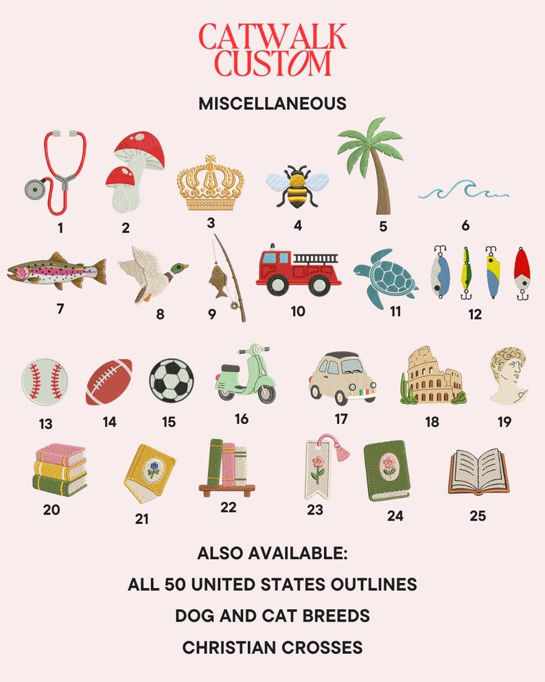 May include: A collection of 25 embroidered patches labeled CATWALK CUSTOM MISCELLANEOUS, featuring icons like a stethoscope, mushroom, crown, bee, palm tree, wave, fish, duck, fishing rod, fire truck, turtle, lures, sports balls, scooter, car, Colosseum, statue, and books.