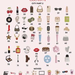 May include: A collection of embroidered patches labeled CATWALK CUSTOM CITY PART 2 and MOVIES, featuring numbered icons including cherries, lipstick, lips, leopard print, handbags, phones, sunglasses, money, perfume, coffee, and cinema-themed items.