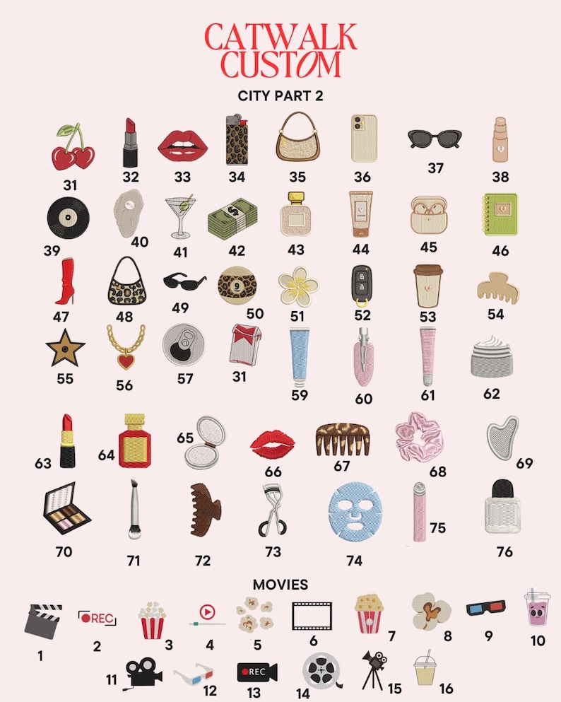 May include: A collection of embroidered patches labeled CATWALK CUSTOM CITY PART 2 and MOVIES, featuring numbered icons including cherries, lipstick, lips, leopard print, handbags, phones, sunglasses, money, perfume, coffee, and cinema-themed items.