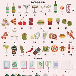 May include: A collection of embroidered icons labeled Catwalk Custom, featuring food, drink, and hobby themes. The food and drink section includes items like champagne, pizza, burgers, and cocktails. The hobbies section displays mahjong tiles, scissors, and sports gear, each numbered for selection.