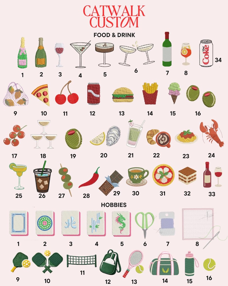 May include: A collection of embroidered icons labeled Catwalk Custom, featuring food, drink, and hobby themes. The food and drink section includes items like champagne, pizza, burgers, and cocktails. The hobbies section displays mahjong tiles, scissors, and sports gear, each numbered for selection.