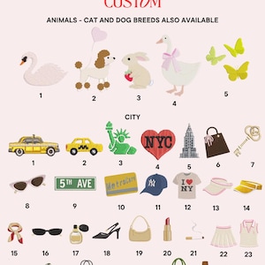 May include: A collection of embroidered patches featuring animals like a swan, poodle, rabbit, goose, and butterflies, alongside city-themed icons including a yellow taxi, Statue of Liberty, NYC heart, skyscraper, handbag, key, sunglasses, and clothing.