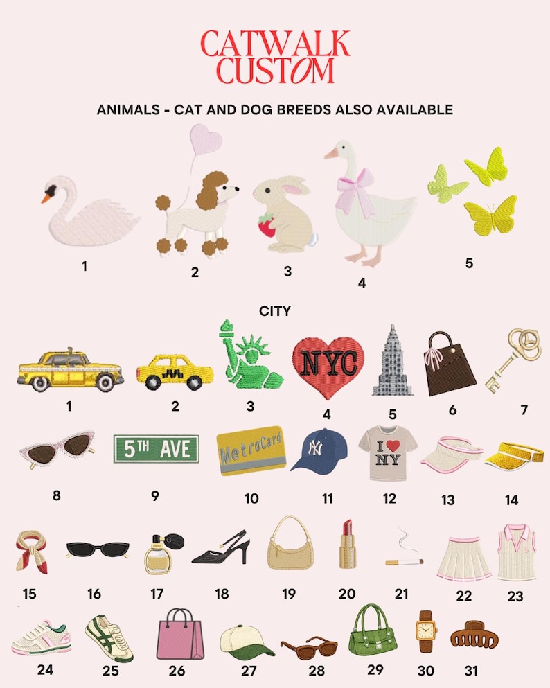May include: A collection of embroidered patches featuring animals like a swan, poodle, rabbit, goose, and butterflies, alongside city-themed icons including a yellow taxi, Statue of Liberty, NYC heart, skyscraper, handbag, key, sunglasses, and clothing.