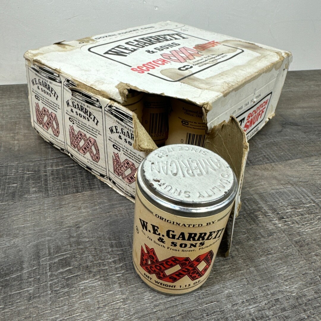 Vtg Case of 12 W. E. Garrett & Son Scotch Snuff Tin Paper Label NOS