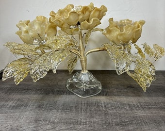 Vtg MCM Venetian Murano Art Deco Glass Leaves Gold Flowers 2 Candle Holder 20