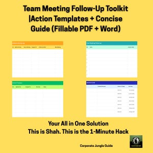 Op de afbeelding: Een gele afbeelding met de tekst "Team Meeting Follow-Up Toolkit" en "Action Templates + Concise Guide". Er worden vier sjablonen weergegeven, waaronder actietrackers en beslissingsroosters. De tekst "Your All in One Solution" is ook zichtbaar.