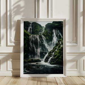 Cascading Majesty, Wall Art, Poster Print, AI Art, Waterfall Art, Wall Decor, Nature Art, Home Decor