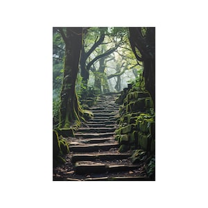 Satin Poster, Wald Abenteuer Wand Kunst, Moosige Treppe Poster Druck, Wanderlust Dekor, Geschenk für Naturliebhaber, Einzigartiges Wohndekor