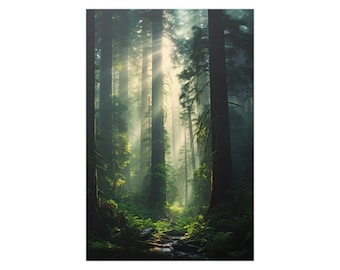 Enigmatic Forest, Wall Art, Poster Print, AI Art, Mystical forest, Ancient forest, Deep woods, Dark forest, Dense forest canopy