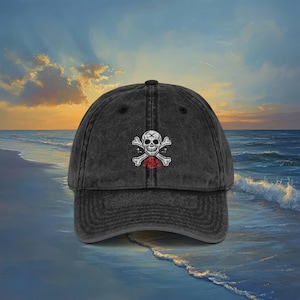 Embroidered Vintage Cap, Pirate Skull and Rose Design, Adventure Hat, Pirate Costume, Retro Snapback, Gift for Skull Lover