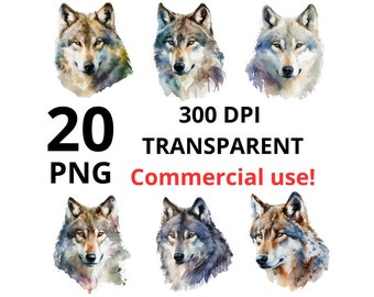 Wolves Watercolor Clipart - 20 High Quality PNG Images Digital Download - Digital Crafting, Card Making, Wolf Heads, Commercial Use
