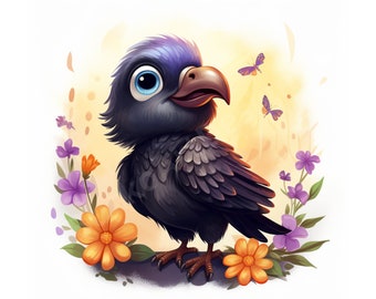 20 Baby Ravens Clipart Bundle, Cartoon Raven, Cute Raven, Scrapbook, Paper Crafts, Junk Journal, Commercial Use